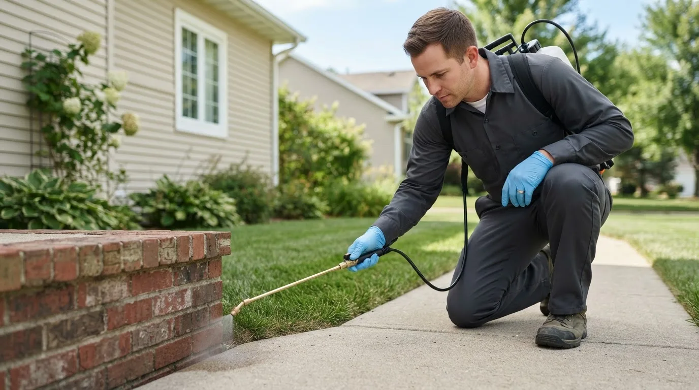 Pest control technician treating a home near Dennison, OH